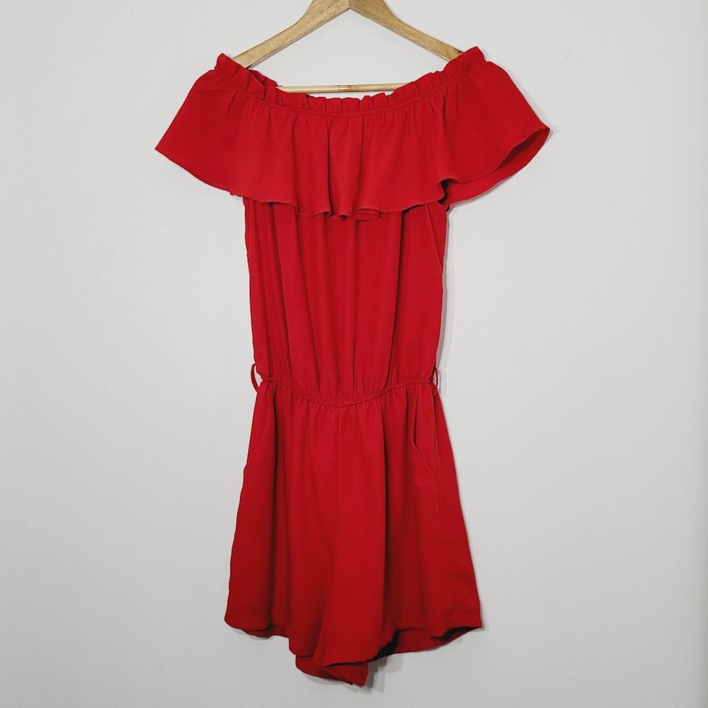 Joy Joy Off Shoulder Ruffle Romper Jumpsuit Shorts Red Lined Pockets Womens XS